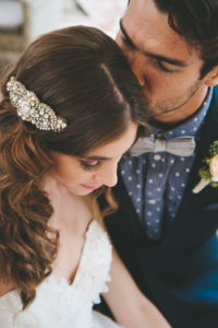 Rustic elegant styled wedding shoot, bridal hair with loose curls and crystal hair piece