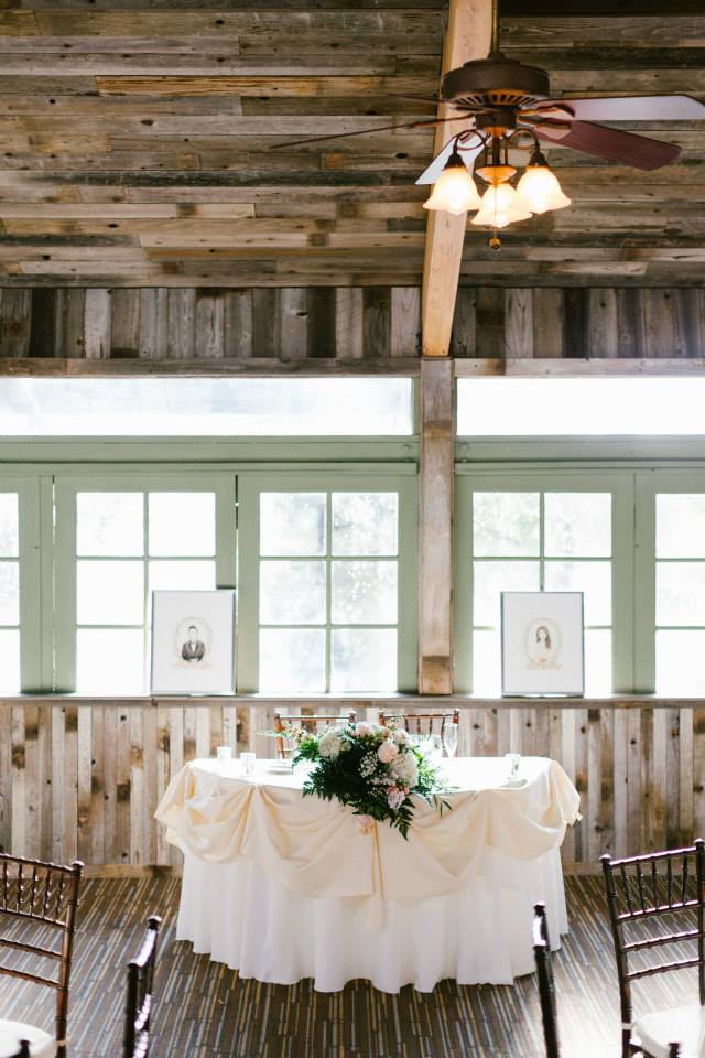 Rustic and elegant wedding at Calamigos Ranch in the Redwood room, sweetheart table at reception