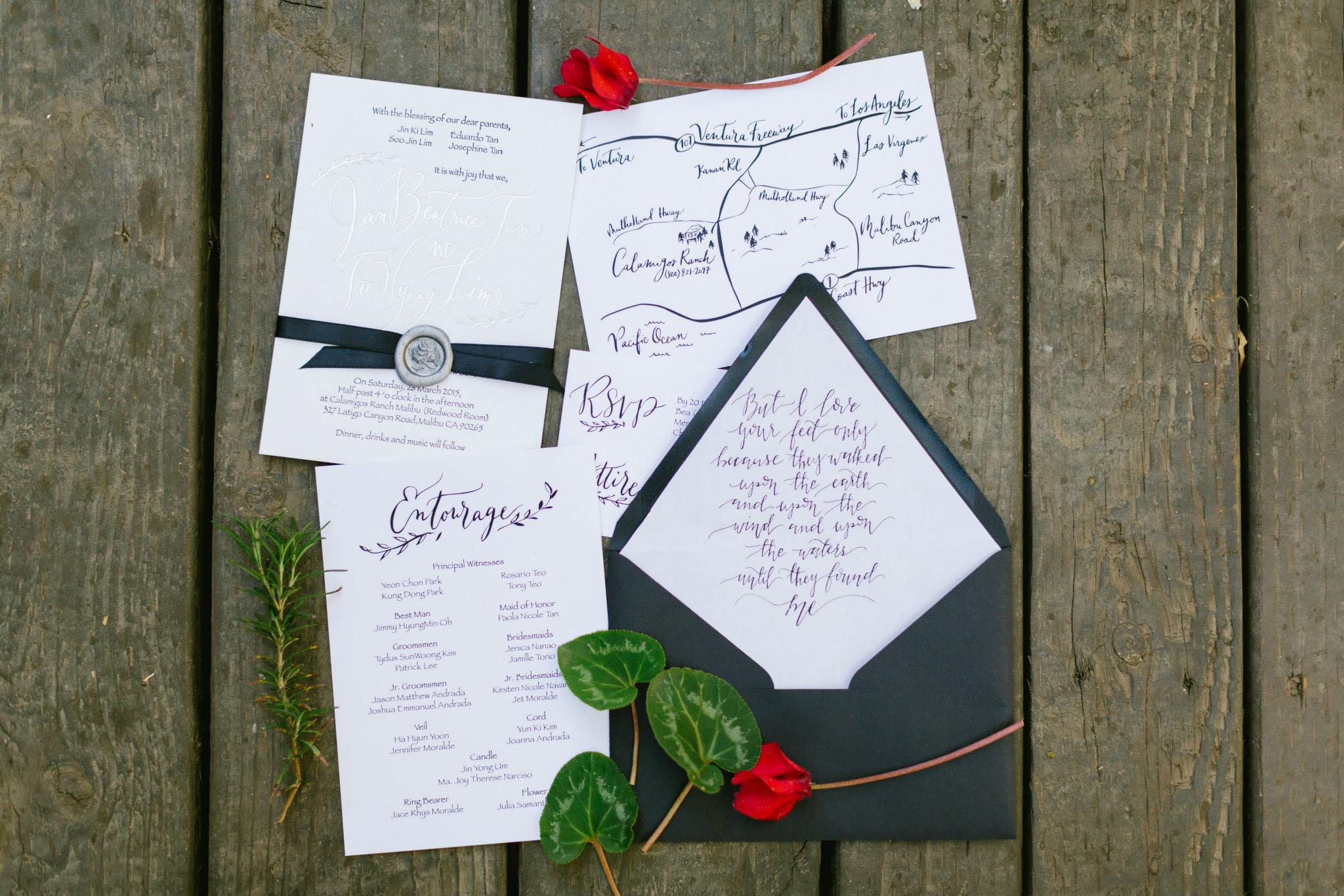 Rustic and elegant wedding at Calamigos Ranch in the Redwood room, black and white wedding invitation