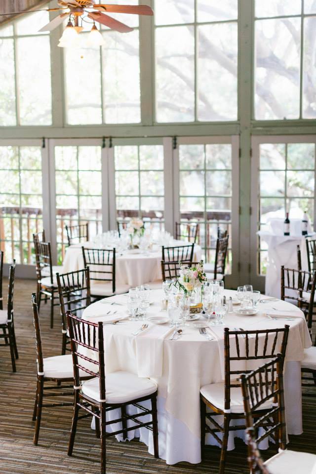 Rustic and elegant wedding at Calamigos Ranch in the Redwood room, blush table cloth with natural wood chiavari chairs