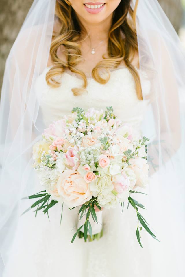 Rustic and elegant wedding at Calamigos Ranch in the Redwood room, bride bouquet with blush flowers