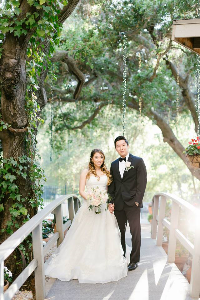 Rustic and elegant wedding at Calamigos Ranch in the Redwood room, bride and groom portrait on the bridge