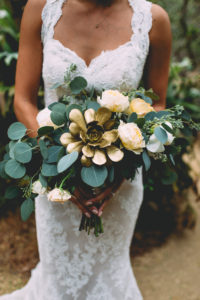 A garden wedding at Mermaid Mountain Inn, bridal bouquet with eucalyptus