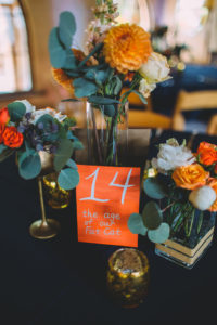 A garden wedding at Mermaid Mountain Inn, orange geometric table number