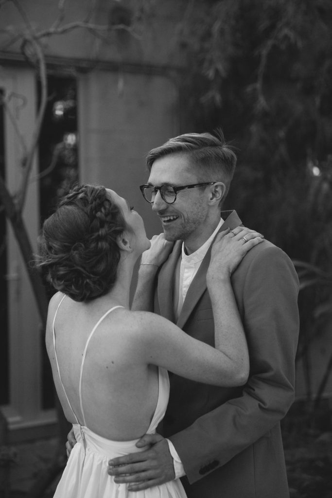 Unique wedding at Elysian LA, bride and groom portrait, groom in glasses