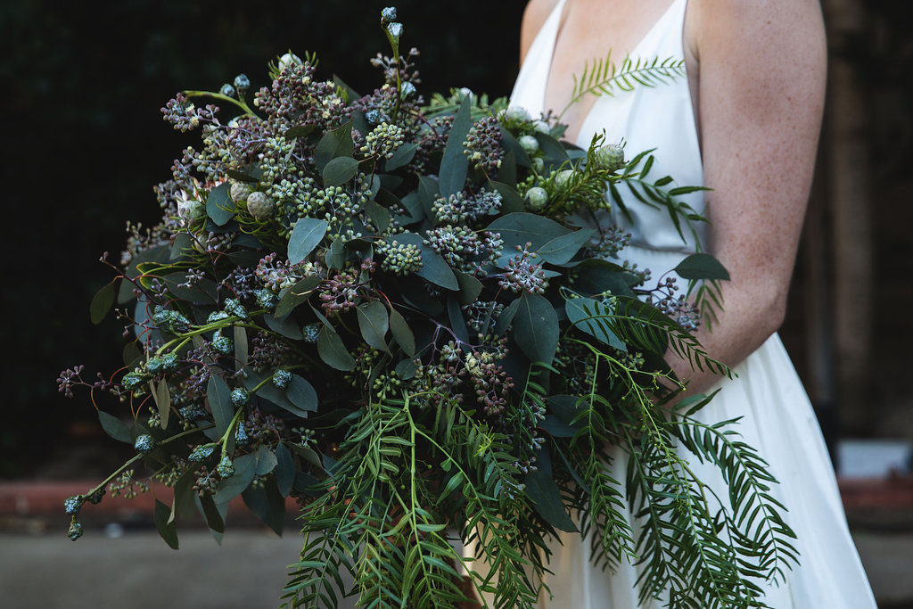 Unique wedding at Elysian LA, mixed greenery bridal bouquet