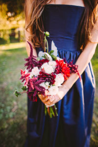 Fall Wedding at Calamigos Ranch, moody bridesmaid bouquet with maroon and blush flowers