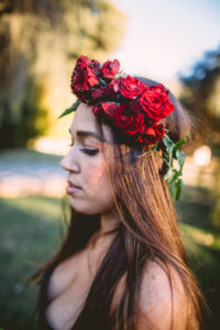 Fall Wedding at Calamigos Ranch, bridesmaid flower crown with red flowers