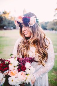 Fall Wedding at Calamigos Ranch, bride with maroon and blush flower crown and bouquet