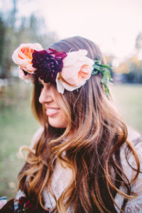 Fall Wedding at Calamigos Ranch, bridal flower crown with maroon and blush flowers