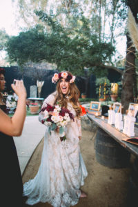 Fall Wedding at Calamigos Ranch, bridal flower crown and bouquet with maroon and blush flowers