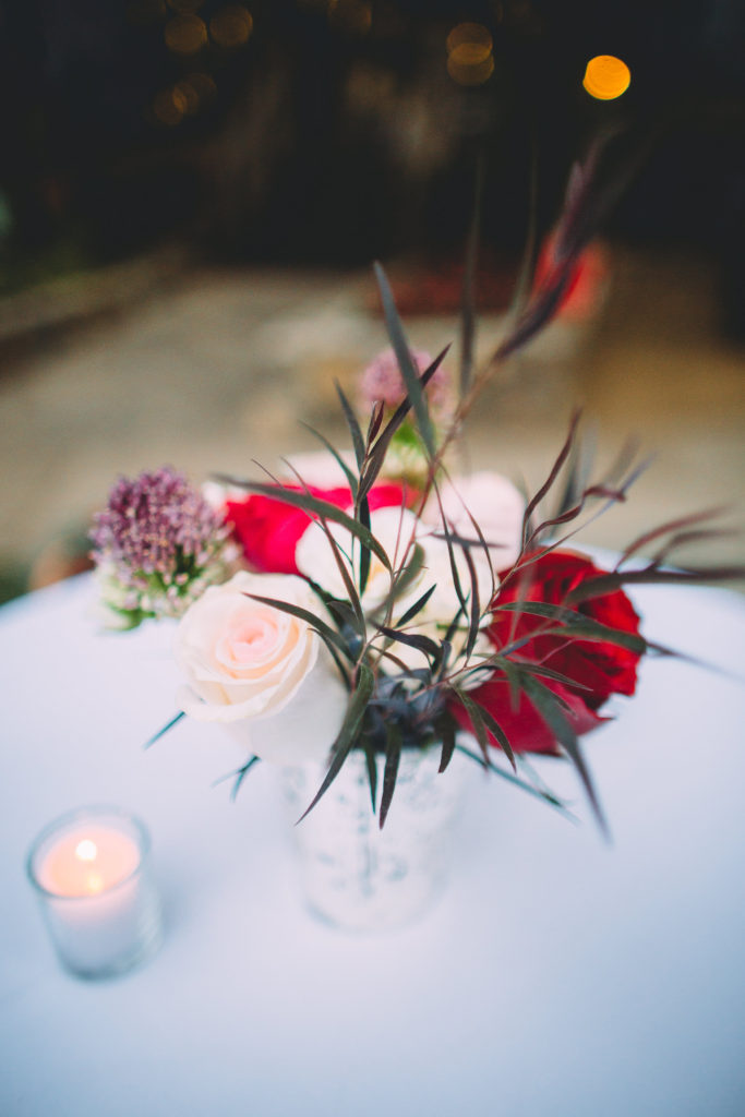Fall Wedding at Calamigos Ranch, maroon and blush reception flowers