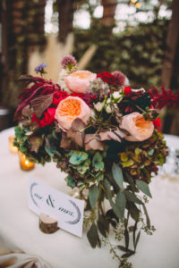 Fall Wedding at Calamigos Ranch, sweetheart table centerpiece with maroon and blush flowers