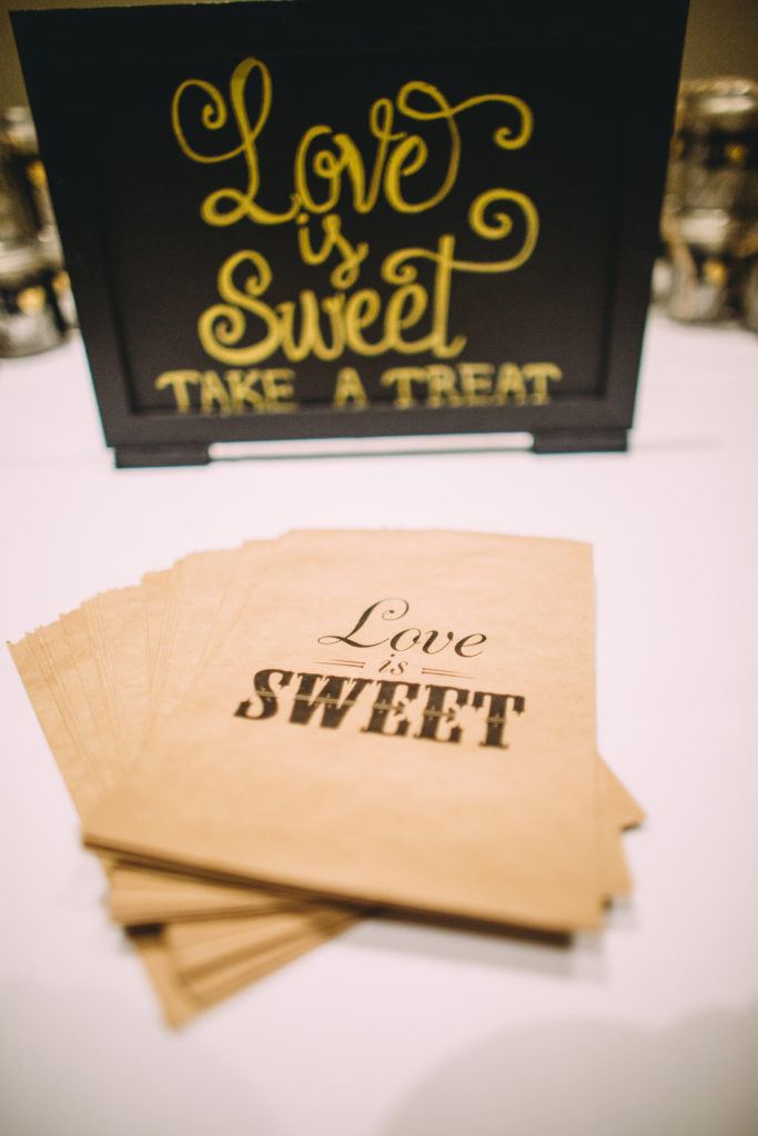 Fall Wedding at Calamigos Ranch dessert table, love is sweet guests gift bags