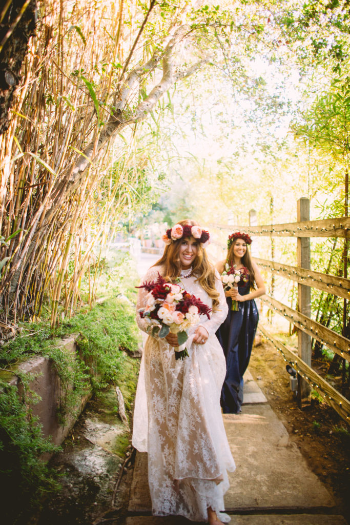 Fall Wedding at Calamigos Ranch, bride and bridesmaid wearing flower crowns