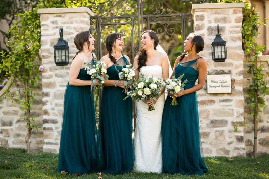 Classic and vintage wedding at Calamigos Ranch, bridal party with teal bridesmaid dresses