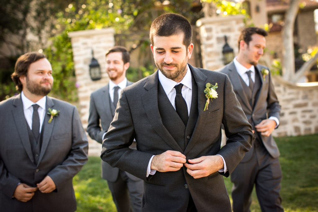Classic and vintage wedding at Calamigos Ranch, groom and groomsmen gray suits