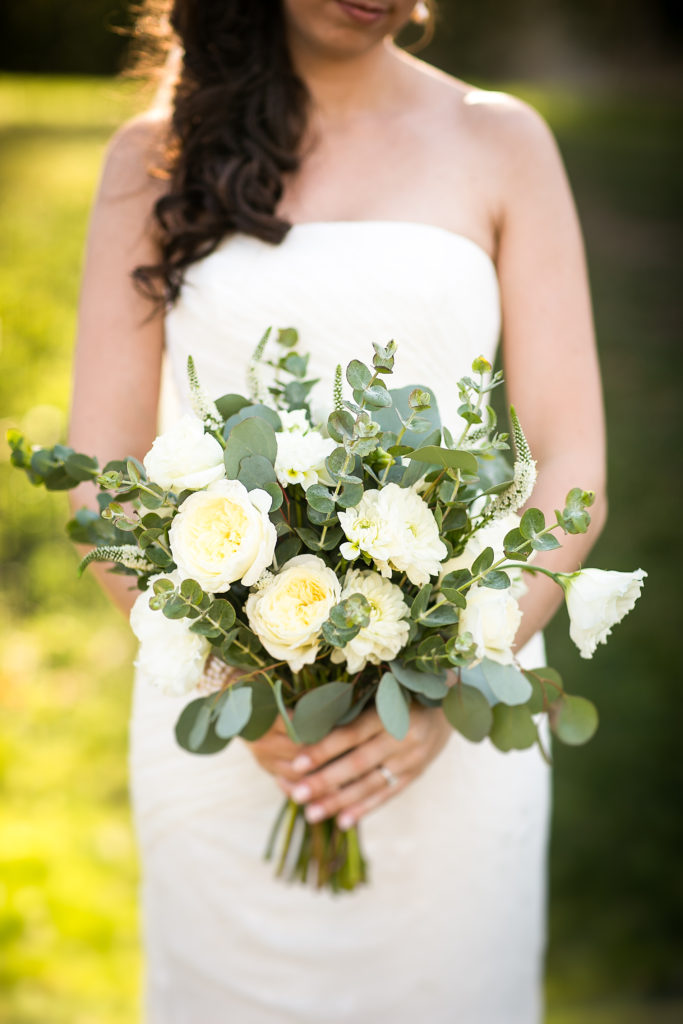 Classic and vintage wedding at Calamigos Ranch, bridal bouquet with white roses and greenery