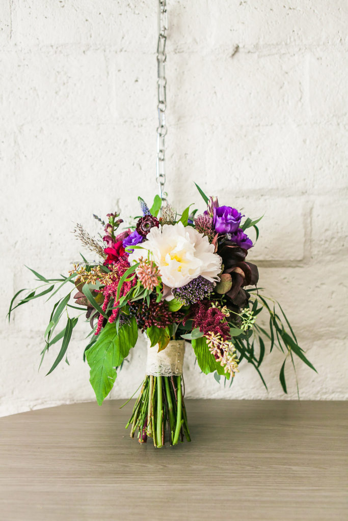 Modern and Chic wedding at Garland Hotel, bridal bouquet with purple flowers