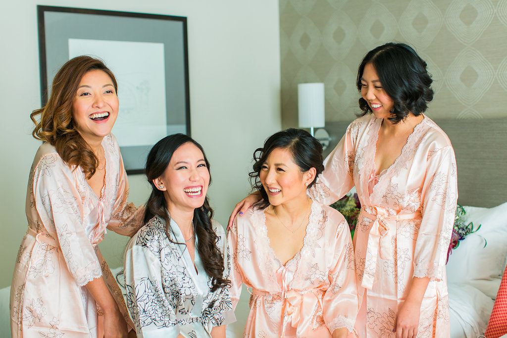 Modern and Chic wedding at Garland Hotel, bride and bridesmaids getting ready in robes