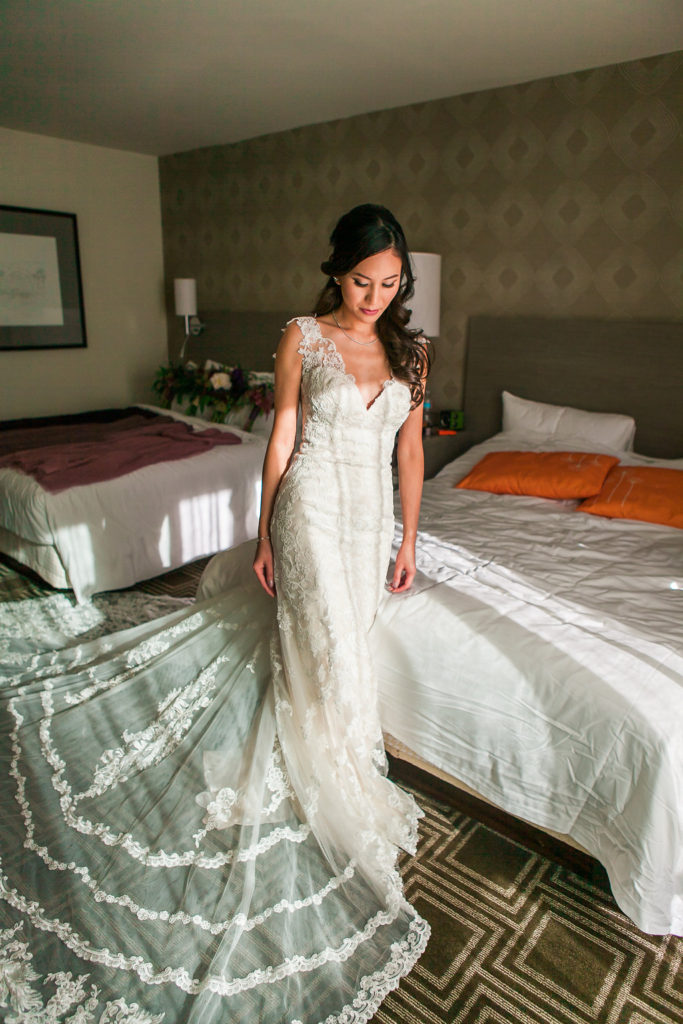 Modern and Chic wedding at Garland Hotel, bride wedding dress