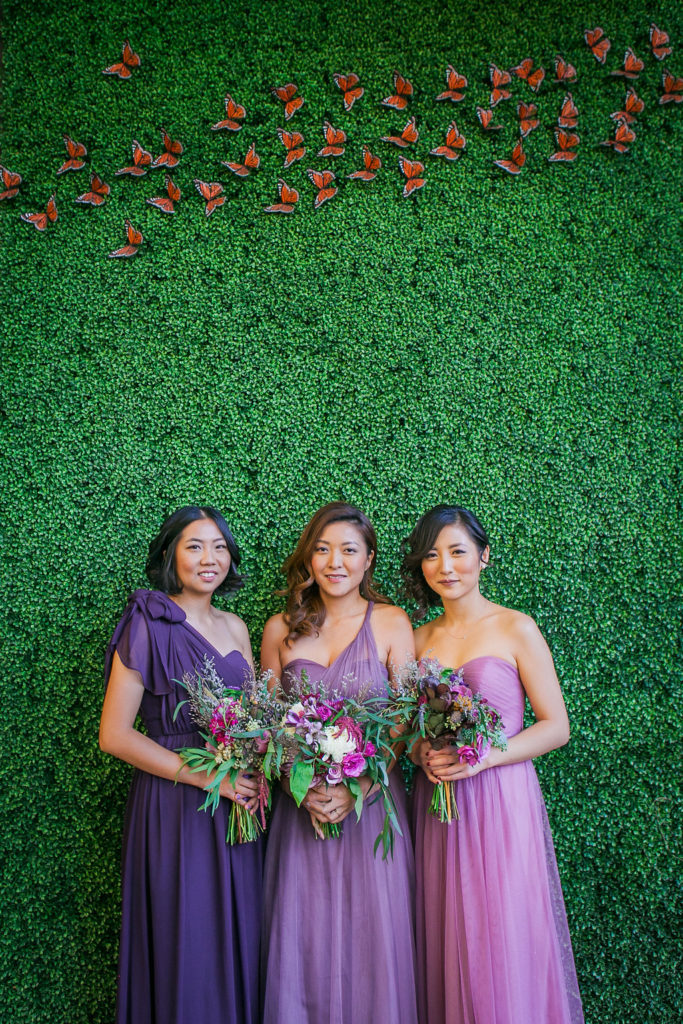 Modern and Chic wedding at Garland Hotel, mismatched purple bridesmaid dresses