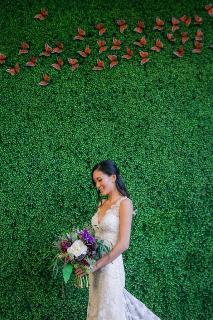 Modern and Chic wedding at Garland Hotel, bride with bright, purple bouquet