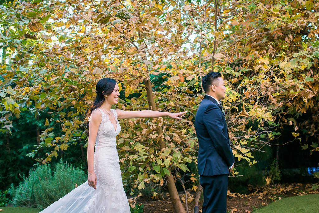 Modern and Chic wedding at Garland Hotel, bride and groom first look