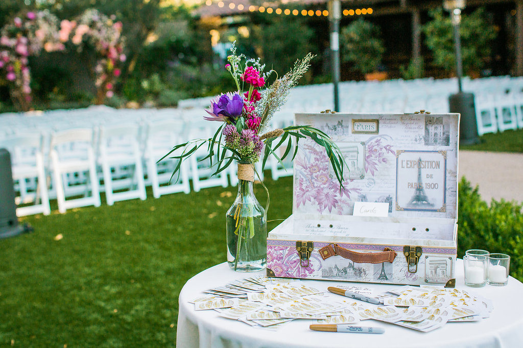 Modern and Chic wedding at Garland Hotel, welcome table and travel card box