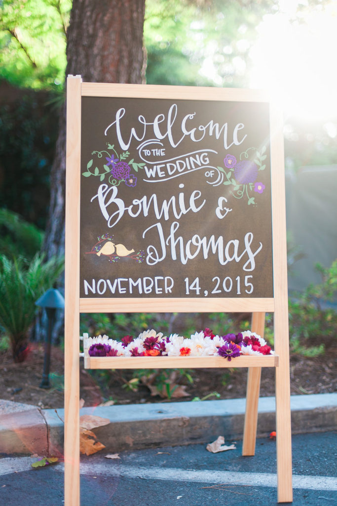 Modern and Chic wedding at Garland Hotel, chalkboard welcome sign