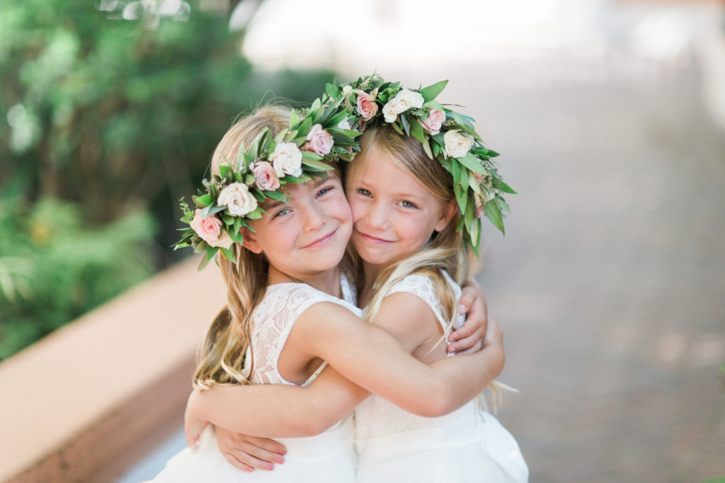 Rancho Las Lomas wedding, flower girls wearing white dresses and flower crowns