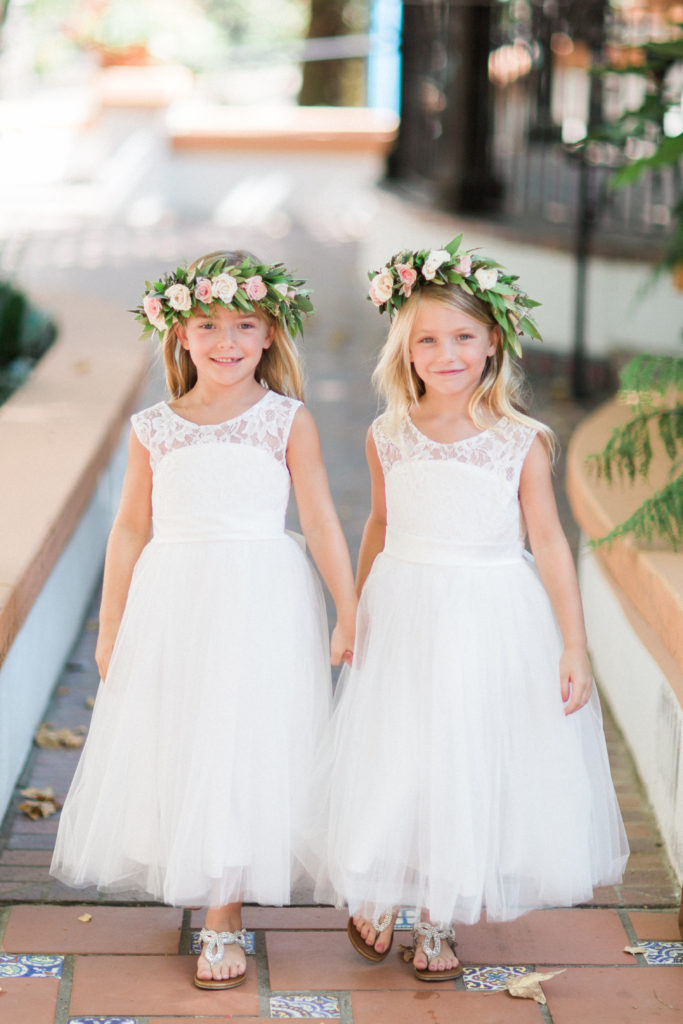 Rancho Las Lomas wedding, flower girls wearing white dresses and flower crowns