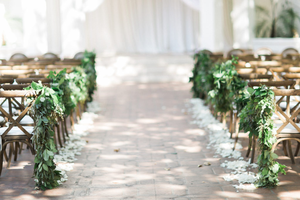 Rancho Las Lomas wedding ceremony site with petal lined aisle