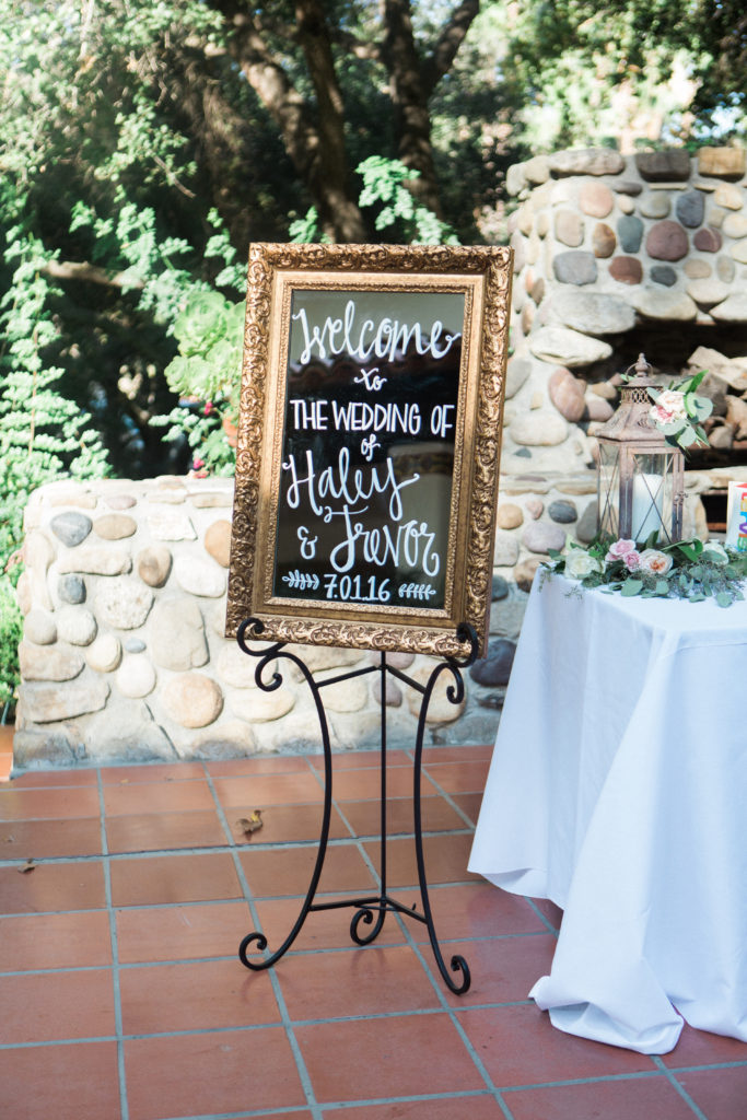 Rancho Las Lomas wedding, mirrored welcome sign