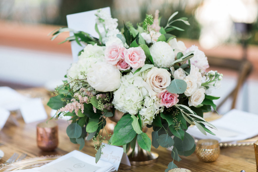 Rancho Las Lomas wedding reception, pink and white flower centerpieces