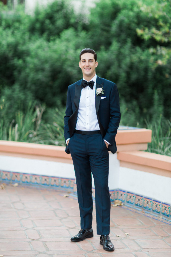 Rancho Las Lomas wedding, dark navy groom suit with black bowtie