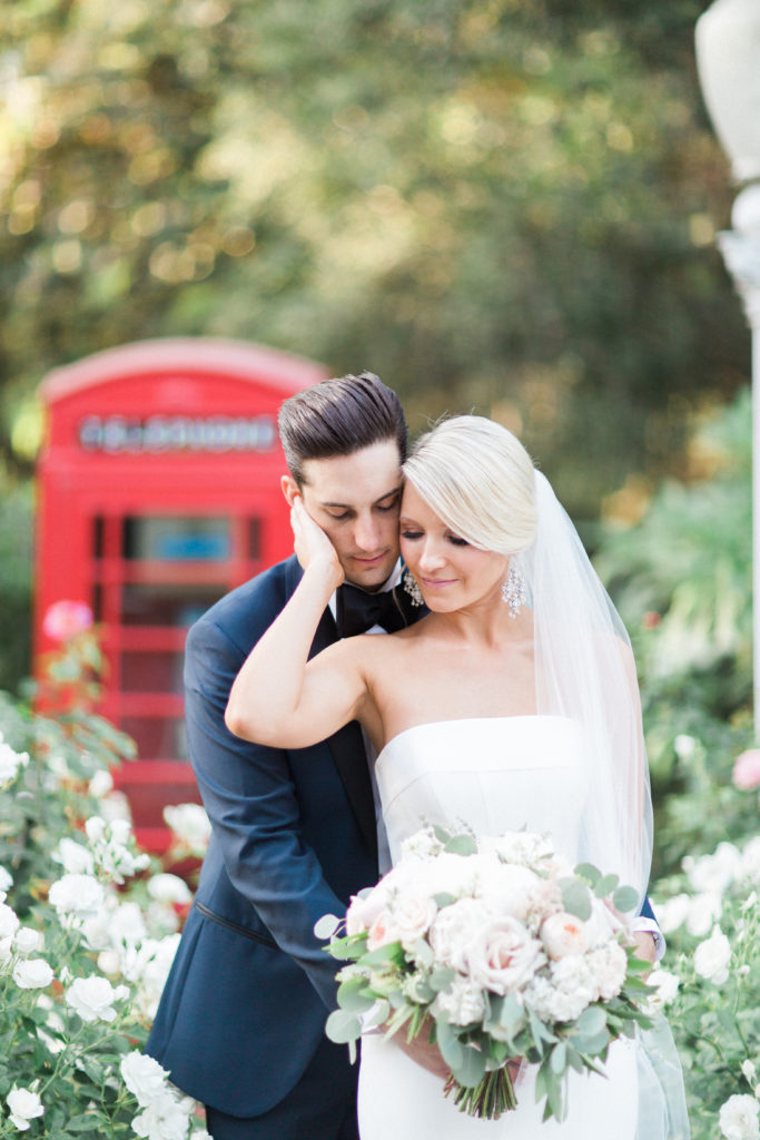 Rancho Las Lomas wedding, bride and groom portraits with red phone booth