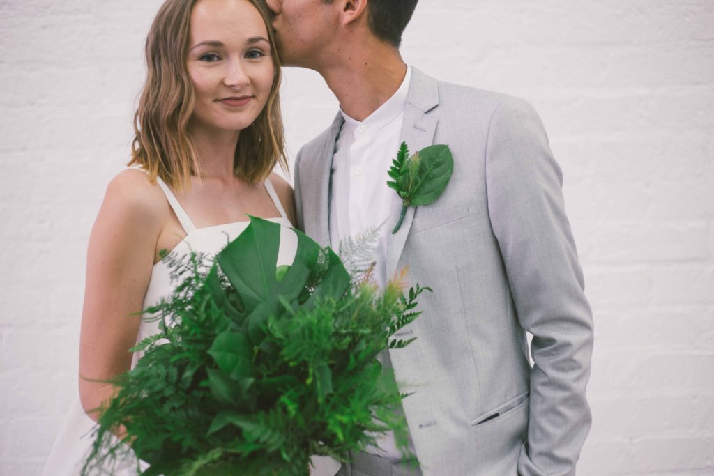 Pantone Color of 2017 inspired minimalist wedding at Hubble Studio in downtown Los Angeles, modern bride and groom, simple greenery bouquet and boutonniere