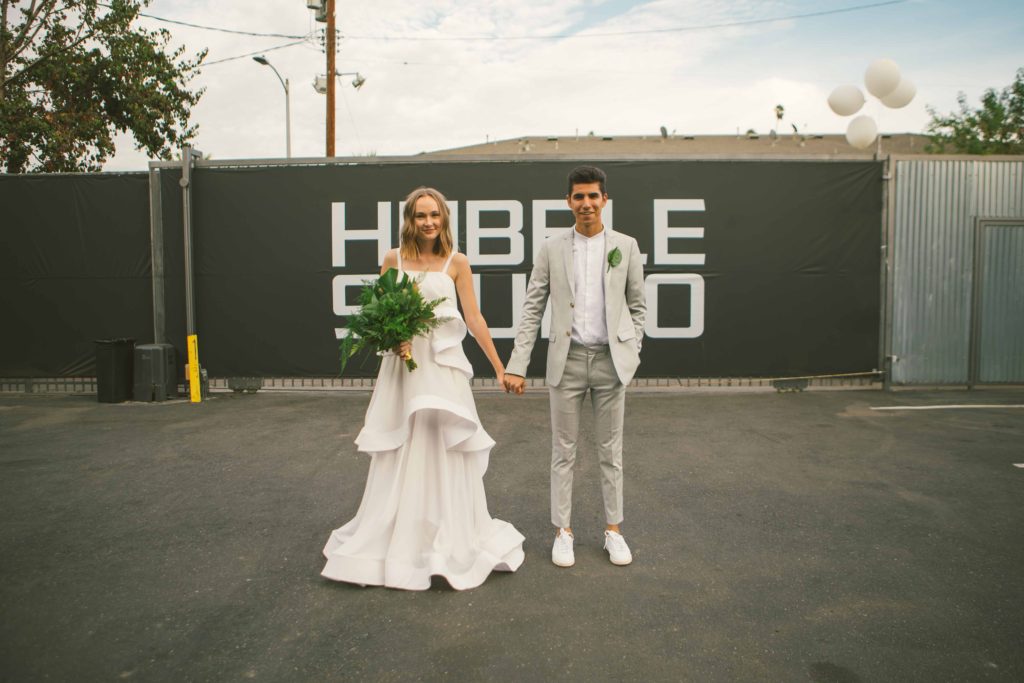 Pantone Color of 2017 inspired minimalist wedding at Hubble Studio in downtown Los Angeles, modern bride and groom, simple greenery bouquet and boutonniere