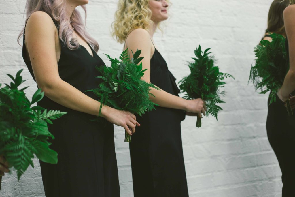 Pantone Color of 2017 inspired minimalist wedding at Hubble Studio in downtown Los Angeles, modern wedding, simple greenery bouquet, black bridesmaid dresses