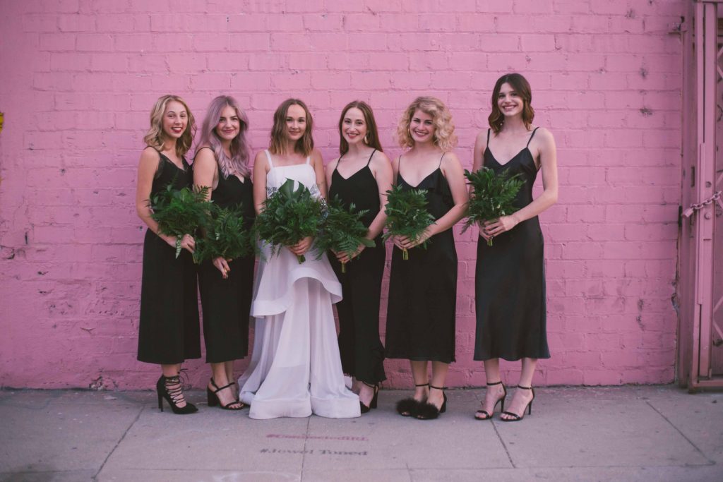 Pantone Color of 2017 inspired minimalist wedding at Hubble Studio in downtown Los Angeles, modern bride and groom, simple greenery bouquet wedding party photo black bridesmaid dresses