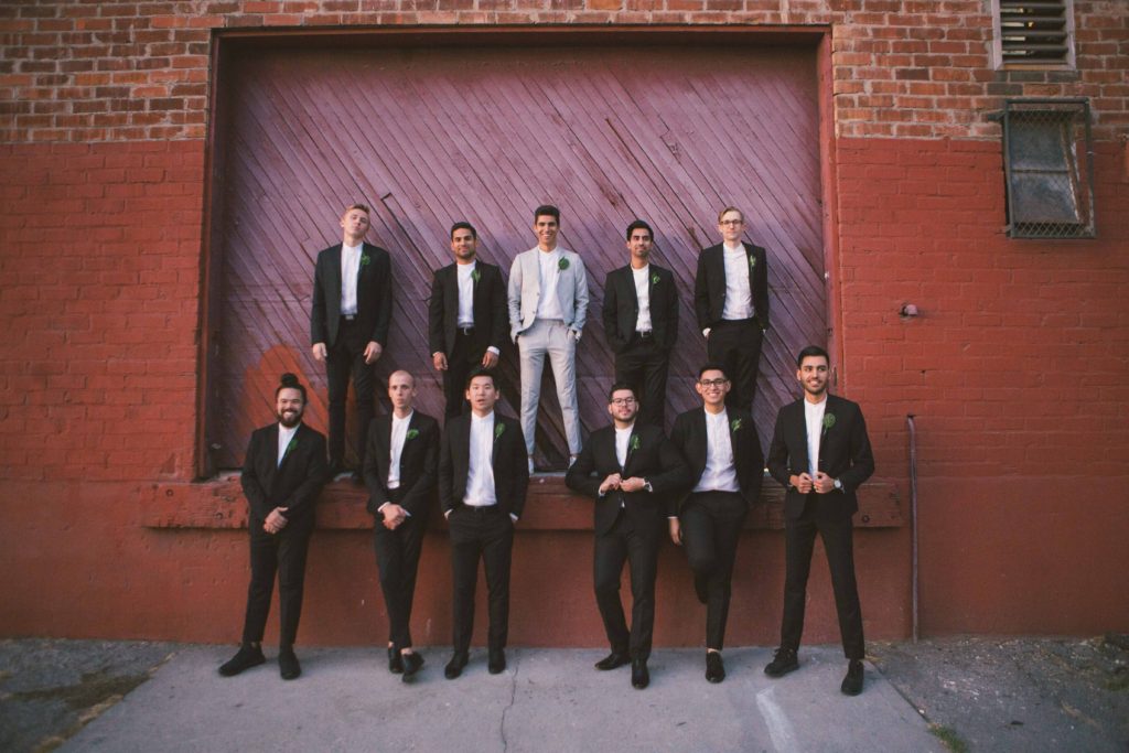 Pantone Color of 2017 inspired minimalist wedding at Hubble Studio in downtown Los Angeles, modern bride and groom, simple greenery boutonniere, wedding party photo with black groomsmen suits