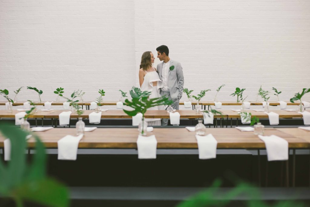 Pantone Color of 2017 inspired minimalist wedding at Hubble Studio in downtown Los Angeles ceremony, modern bride and groom, wedding reception with simple greenery centerpieces