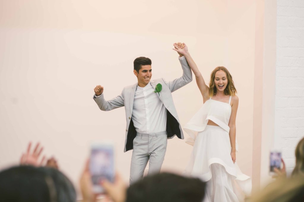 Pantone Color of 2017 inspired minimalist wedding at Hubble Studio in downtown Los Angeles ceremony, modern bride and groom grand entrance