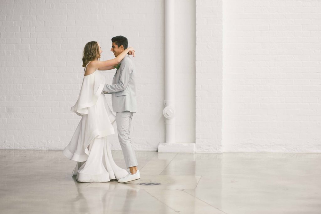 Pantone Color of 2017 inspired minimalist wedding at Hubble Studio in downtown Los Angeles ceremony, modern bride and groom first dance
