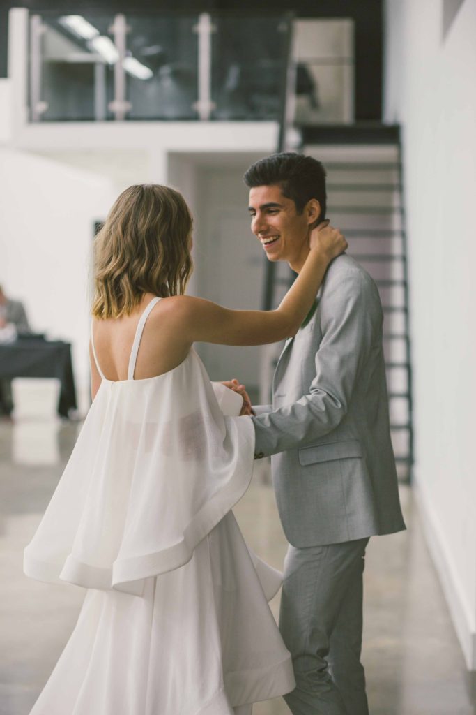 Pantone Color of 2017 inspired minimalist wedding at Hubble Studio in downtown Los Angeles ceremony, modern bride and groom first dance
