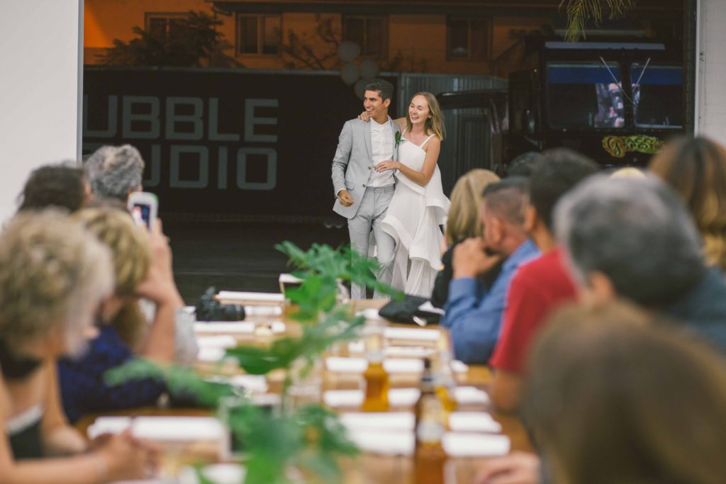 Pantone Color of 2017 inspired minimalist wedding at Hubble Studio in downtown Los Angeles ceremony, modern bride and groom, wedding reception with simple greenery centerpieces