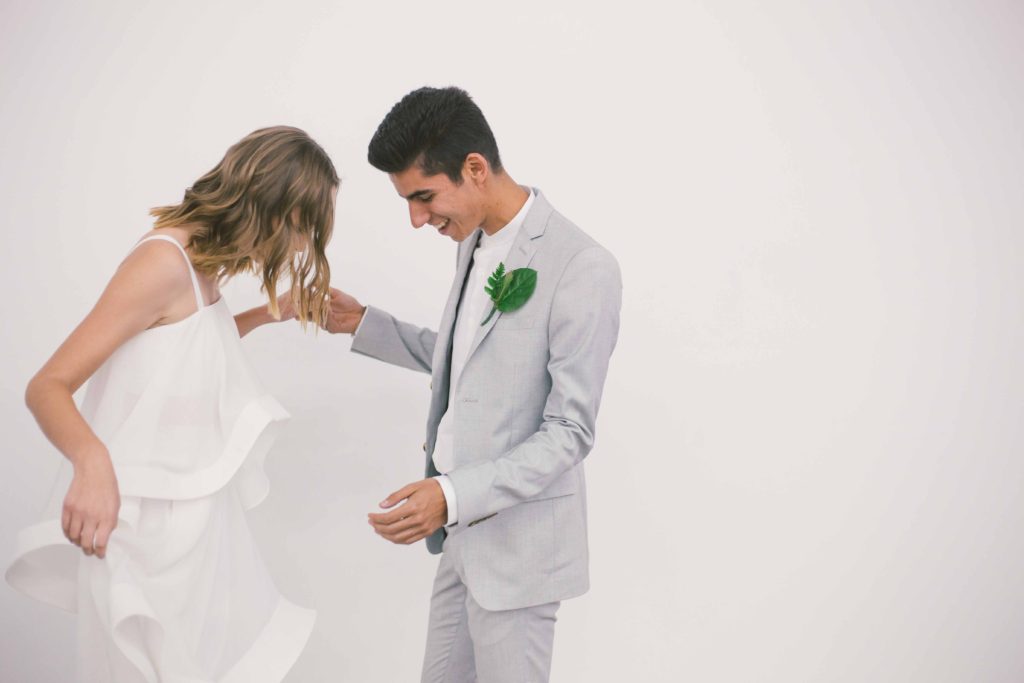 Pantone Color of 2017 inspired minimalist wedding at Hubble Studio in downtown Los Angeles, modern bride and groom first look