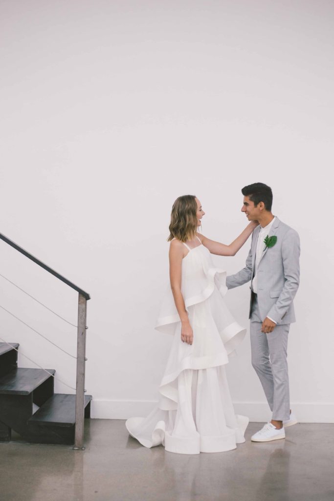 Pantone Color of 2017 inspired minimalist wedding at Hubble Studio in downtown Los Angeles, modern bride and groom first look