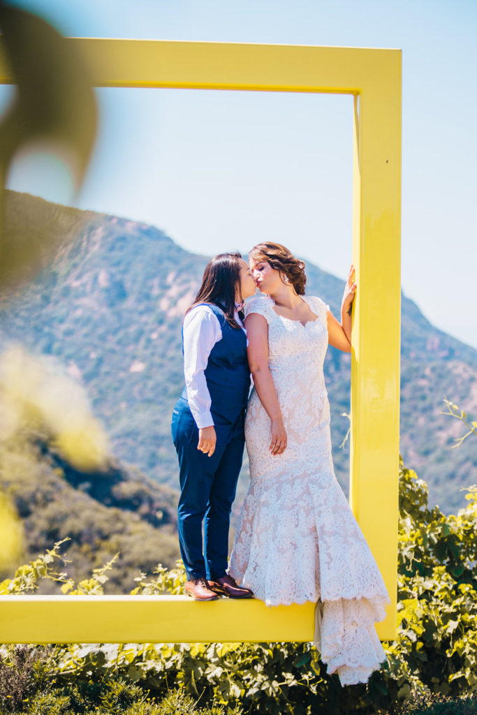 Saddlerock Ranch wedding bride and bride portraits with the yellow frame